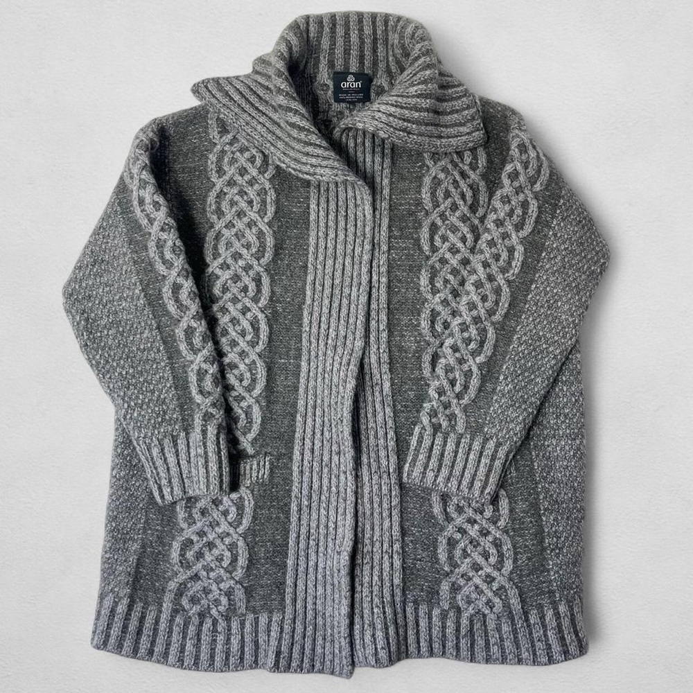 Aran Crafts Gray Merino Cable-Knit Cardigan Sweater
